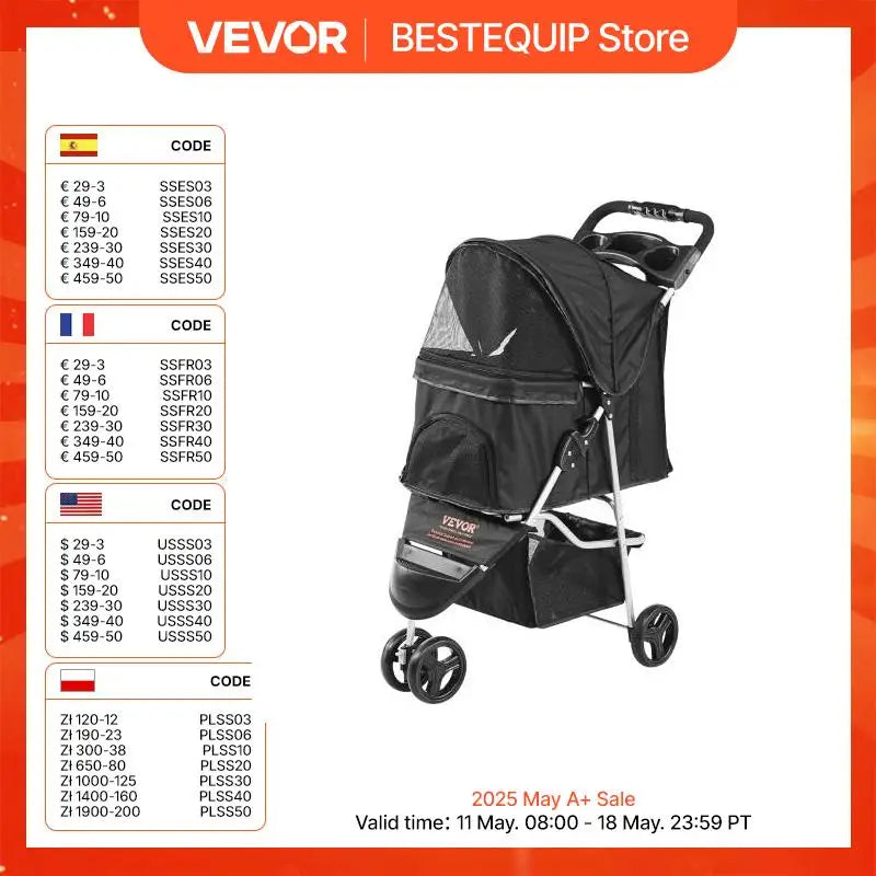 VEVOR 35lbs 3 Wheels Dog Stroller Rotate Black Pet Puppy Stroller with Front Pedal Storage Basket Cup Holder for Dogs Cat Travel