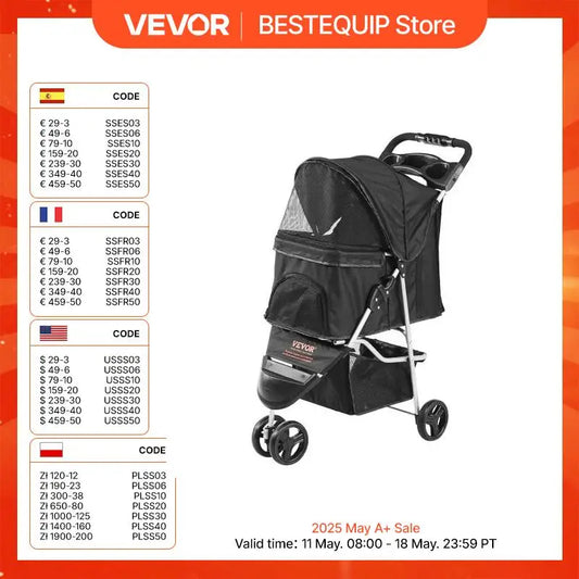 VEVOR 35lbs 3 Wheels Dog Stroller Rotate Black Pet Puppy Stroller with Front Pedal Storage Basket Cup Holder for Dogs Cat Travel