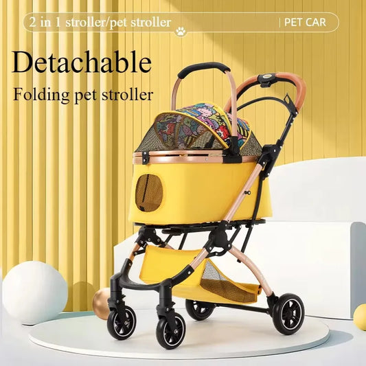 2 in1 Pet Stroller for Medium/Large Dog/Cat One Click Folding Portable Dog Bassinet Detachable Pet Trolly Cart with Canopy Brake