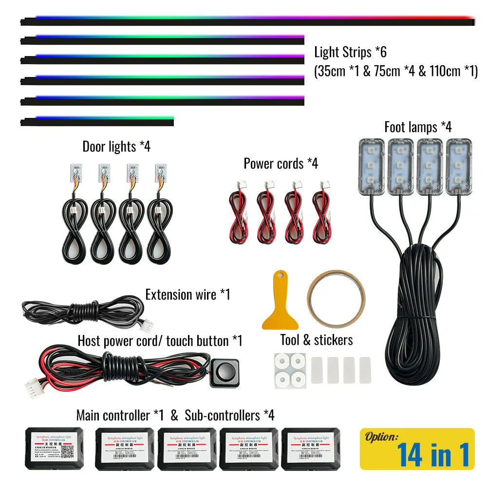 14 in 1 Dual Zone Symphony LED Car Ambient Lights RGB 64 Colors Interior Rainbow Acrylic Strip Neon Atmosphere Lighting Kit App