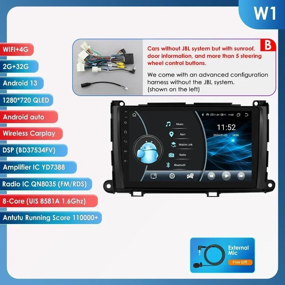 Hizpo For Toyota Sienna XL30 2010-2014 Car Radio Multimedia Video Player Navigation Stereo GPS Android Auto Carplay 8G+128GB RDS