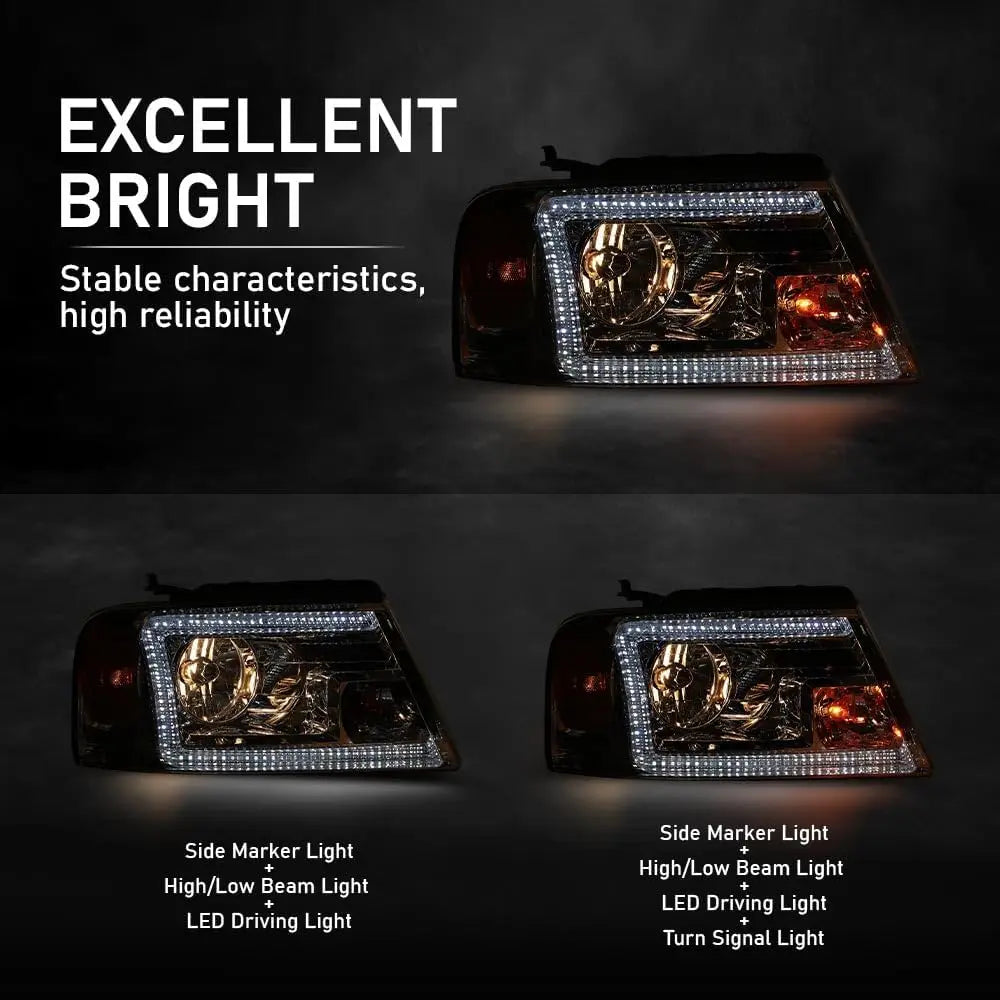 LED DRL Headlights Left& Right Halogen Compatible with Ford F150 2004-2008, Fit Lincoln Mark LT 2006-2008, Clear Lens Chrome Hou