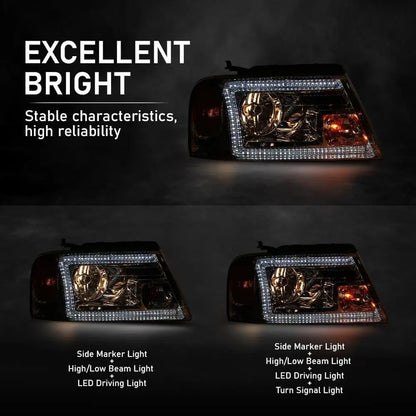 LED DRL Headlights Left& Right Halogen Compatible with Ford F150 2004-2008, Fit Lincoln Mark LT 2006-2008, Clear Lens Chrome Hou