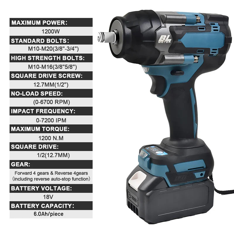 1200N.M Torque Brushless Electric Impact Wrench 1/2 inch Cordless Wrench Screwdriver Power Tools for Makita 18V Battery power tools