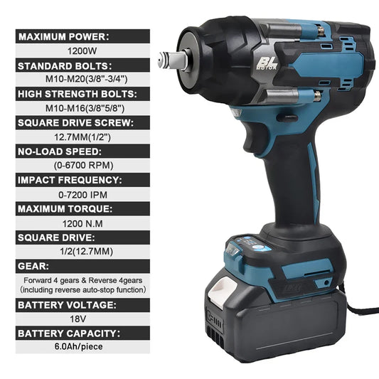 1200N.M Torque Brushless Electric Impact Wrench 1/2 inch Cordless Wrench Screwdriver Power Tools for Makita 18V Battery power tools