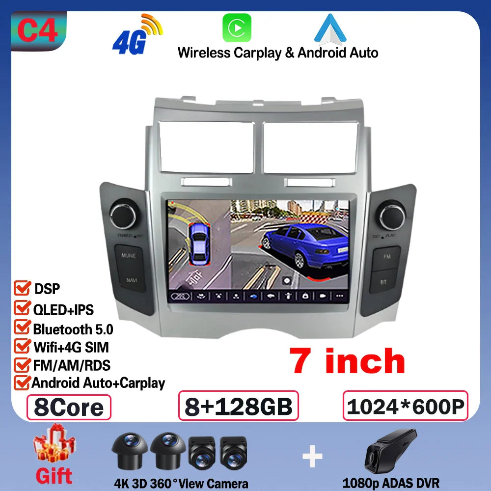 7'' Android 14 Car Radio For Toyota Yaris XP90 Vitz Platz 2005-2012 GPS Navigation Stereo CarPlay Auto Multimedia 4G WIFI Player