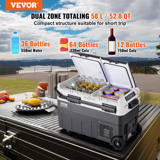 VEVOR 40L/50L/58L Portable Car Refrigerator, 12V Dual Zone Portable Freezer, Compressor Cooler for Outdoor Camping RV Car