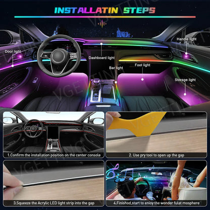 18in1 Car LED Ambient Lights Full Color Streamer Multicolour Interior Acrylic Strip Atmosphere Light APP Control RGB 64 Color