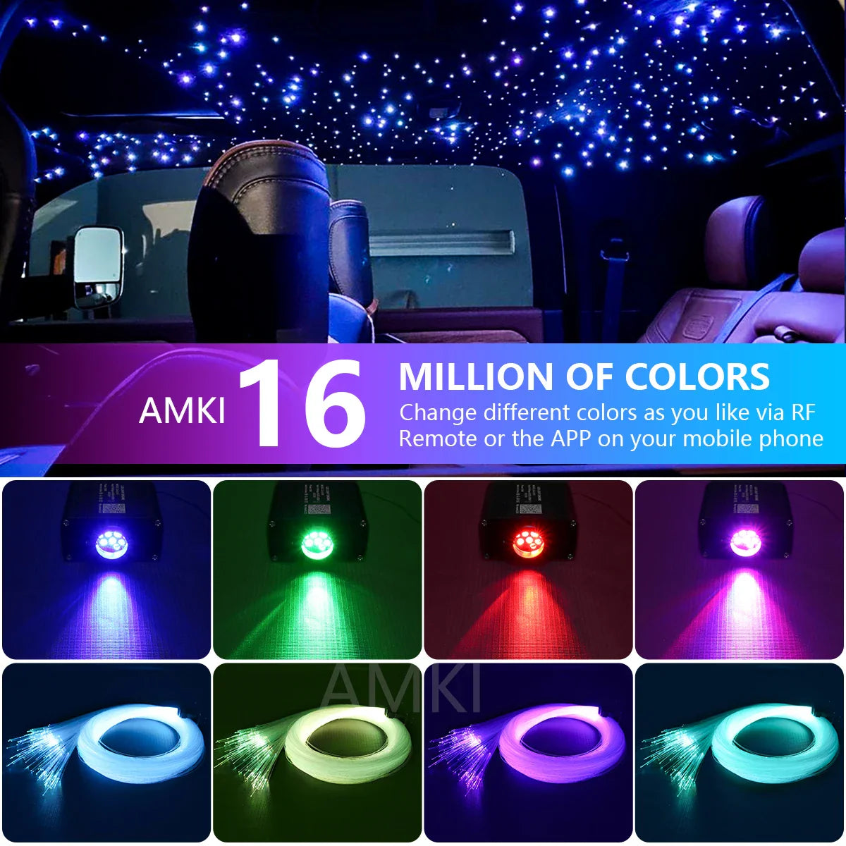 16W Twinkle Starry Sky Car Star Ceiling Light RGBW Fiber Optic Light Smart APP Bluetooth Car Roof Star Interior Atmosphere Light