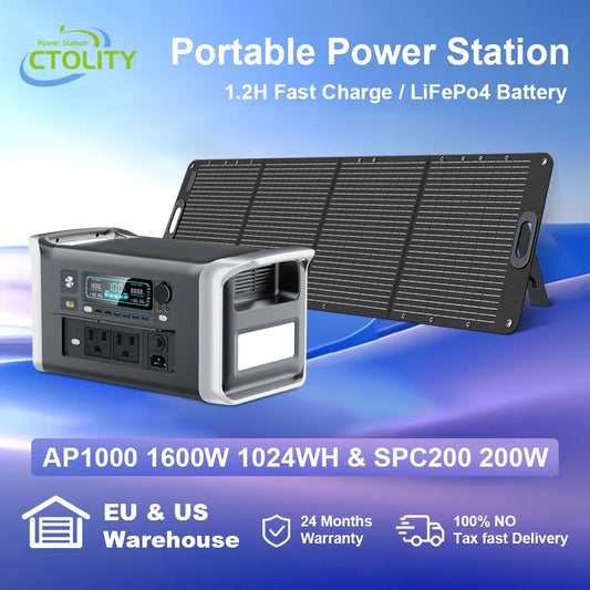 Ctolity 1800W Camping Portable Power Station 200W Solar Panel 1024Wh Lifepo4 Solar Generator Battery  Emergency Supply Backup