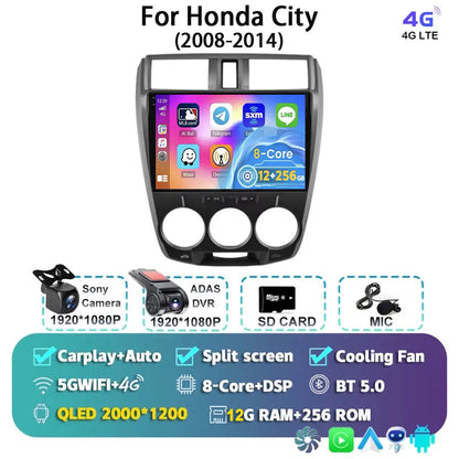 Android 14 Carplay Auto GPS For Honda City 2008 2009 2010 - 2014 Car Radio DSP Multimedia WIFI+4G Head Unit Video Stereo Player