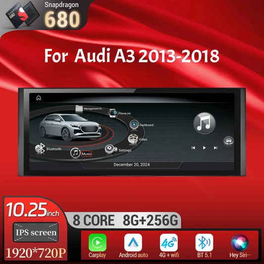 10.25 inch Android 14 For Audi A3 2013-2018 Car Radio Wireless Bluetooth Carplay Head Unit Qualcomm Snapdragon 680 Touch Screen