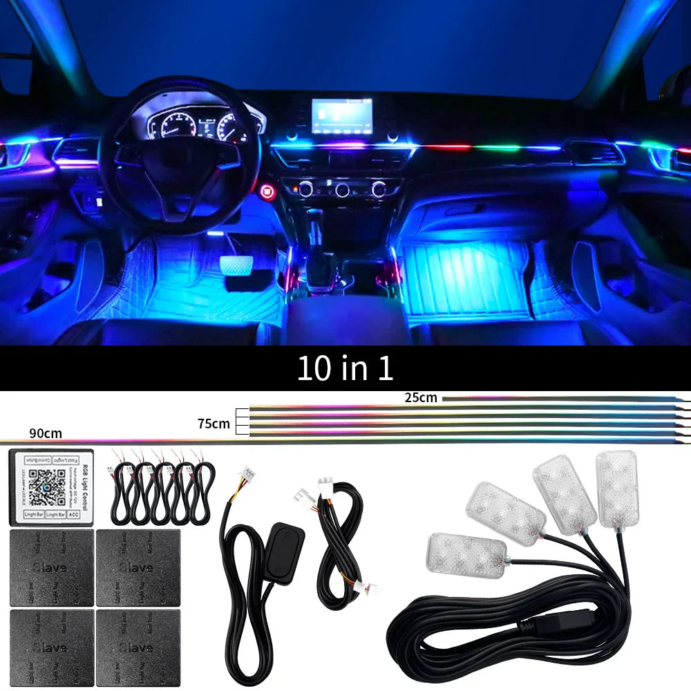 18 in 1 Dual Zone Symphony LED Car Ambient Light Rainbow Neon RGB Acrylic Strip Interior Decoration Streamer Atmosphere Lamp 12V