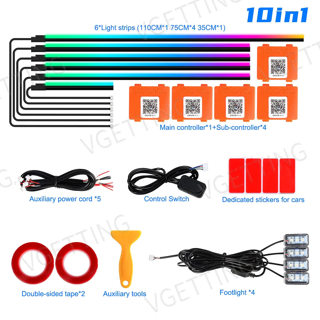 18in1 Car LED Ambient Lights Full Color Streamer Multicolour Interior Acrylic Strip Atmosphere Light APP Control RGB 64 Color