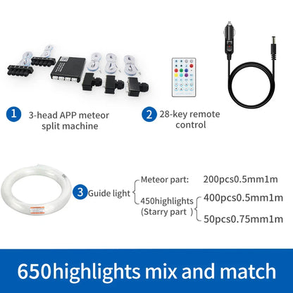 12V Car Starry Sky Roof Fiber Optic Branch Machine Meteor App Bluetooth Colorful Flashing Ceiling Modified Light Source Skylight Car Atmosphere Starry Sky Light