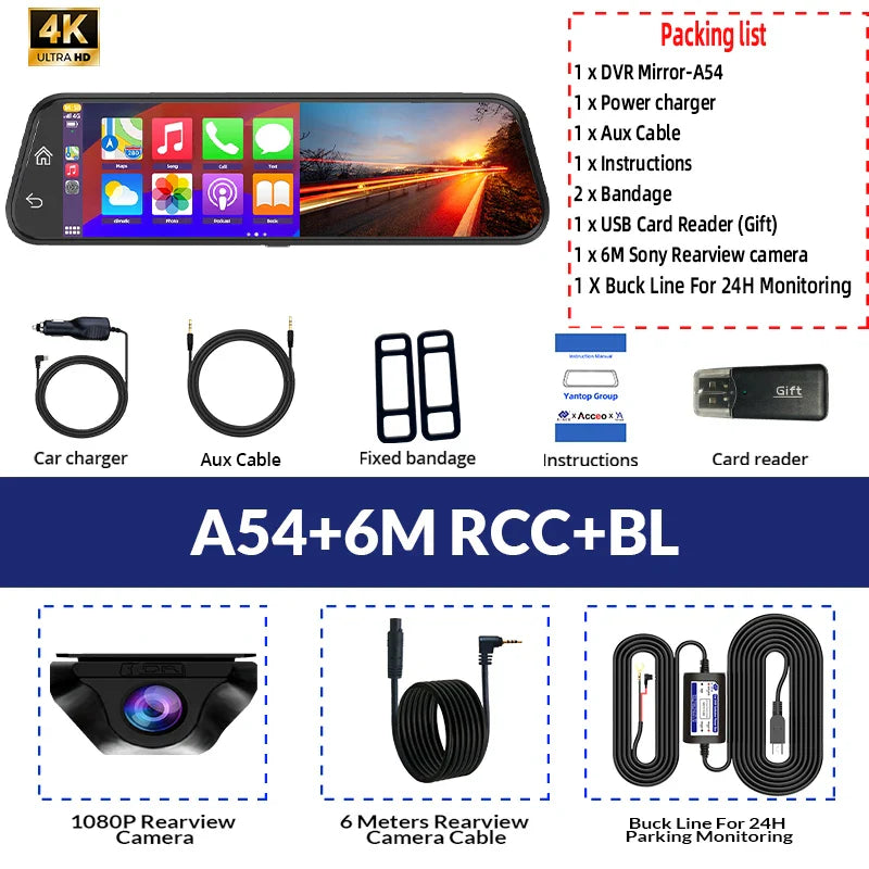 E-ACE 10” 4K Car Dvr Mirror Wireless Carplay & Android Auto Dashcam Video Recorder 1080P Rear View Camera GPS WIFI
