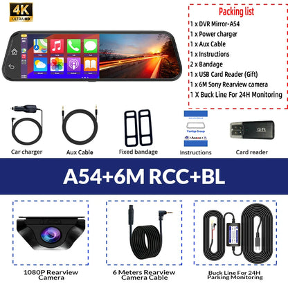 E-ACE 10” 4K Car Dvr Mirror Wireless Carplay & Android Auto Dashcam Video Recorder 1080P Rear View Camera GPS WIFI