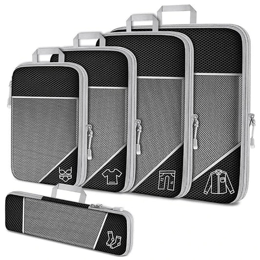 5 Pieces Travel Organizer Bag Set Clothes Compression Cubes For Plane Travel Essentials Storage Bags Suitcase Mesh Packing Cubes