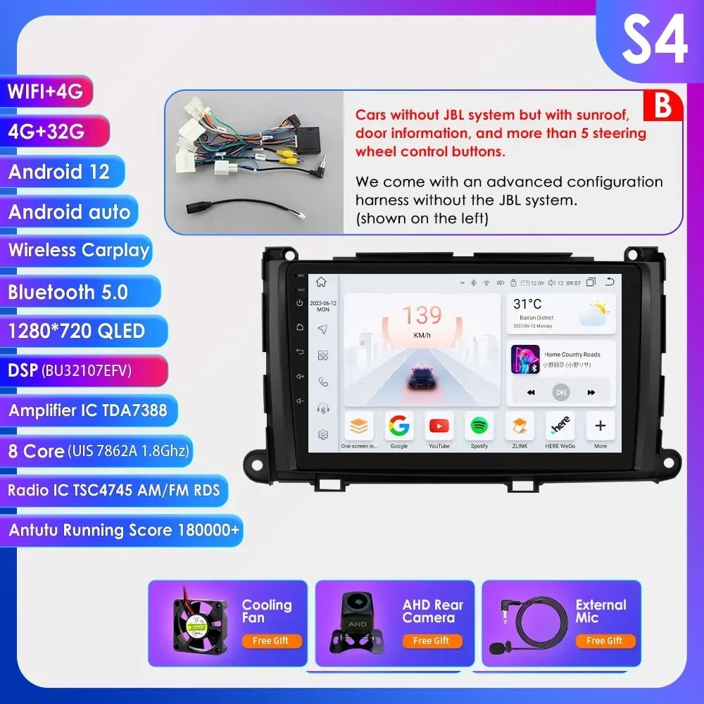 Hizpo For Toyota Sienna XL30 2010-2014 Car Radio Multimedia Video Player Navigation Stereo GPS Android Auto Carplay 8G+128GB RDS
