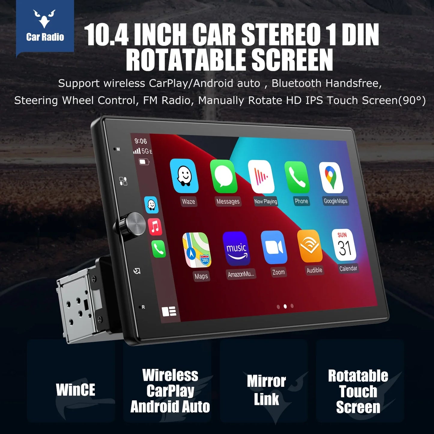 ESSGOO 10 Inch Rotatable 90° IPS Touchscreen Single 1 DIN Car Stereo Wireless Apple Carplay Android Auto USB AUX TF FM Bluetooth