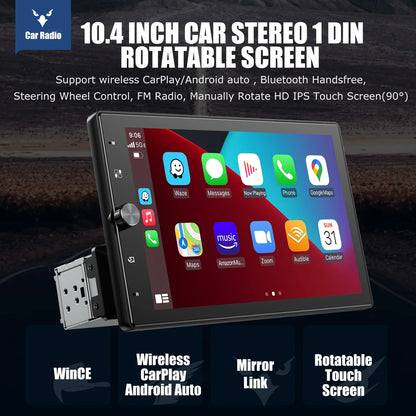 ESSGOO 10 Inch Rotatable 90° IPS Touchscreen Single 1 DIN Car Stereo Wireless Apple Carplay Android Auto USB AUX TF FM Bluetooth
