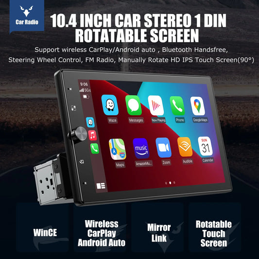 ESSGOO 10 Inch Rotatable 90° IPS Touchscreen Single 1 DIN Car Stereo Wireless Apple Carplay Android Auto USB AUX TF FM Bluetooth