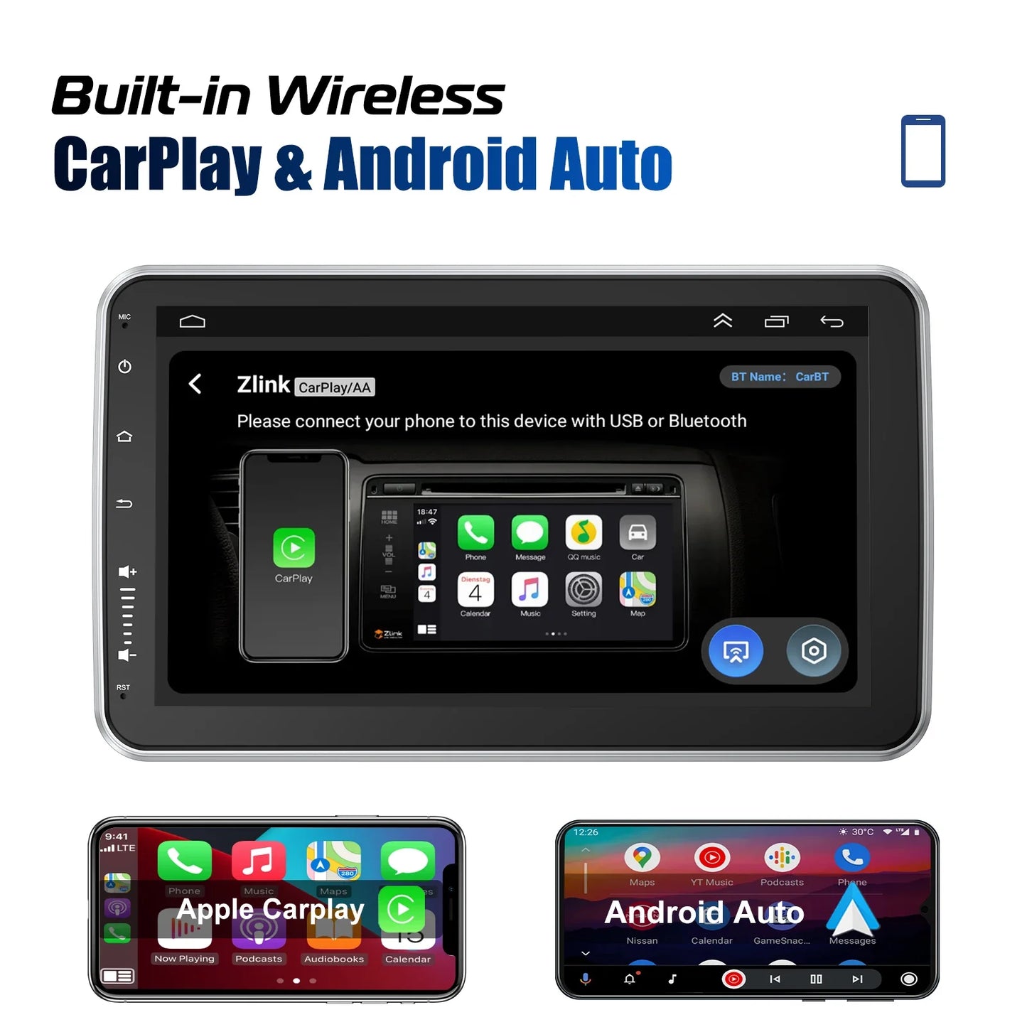 ESSGOO Android 14 10.1 Inch Universal Single Rotatable Car Radio Auto Carplay Multimedia Player GPS Navi Automotive Stereo