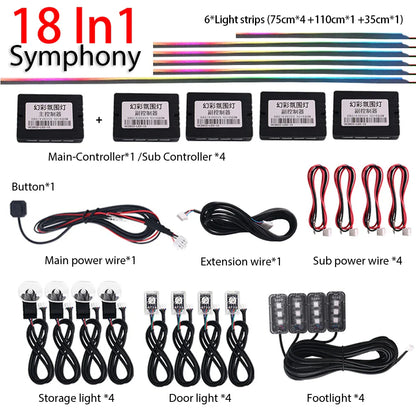 18 22 in 1 Car LED Ambient Light Symphony Rainbow Streamer Interior Acrylic Strip RGB 64 Color Neon Atmosphere Light App Control