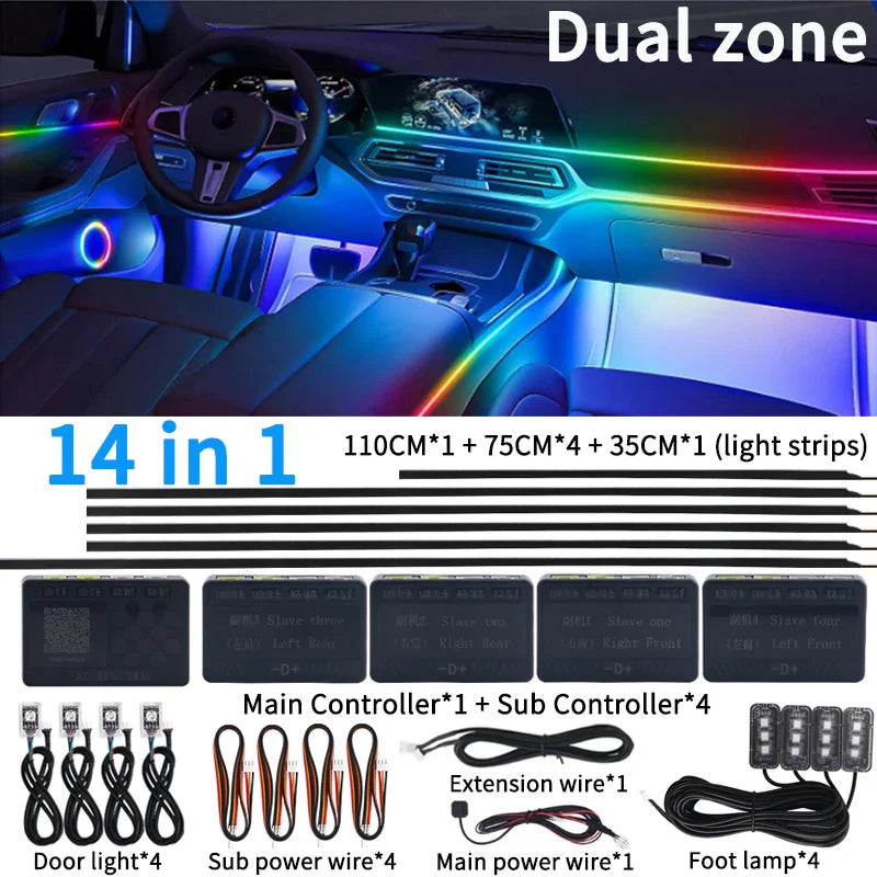6/10/14/18/22 in 1 Led Car Hidden Ambient Light Symphony RGB 64 Color Bluetooth APP Interior Acrylic Matt Black Strip Backlight