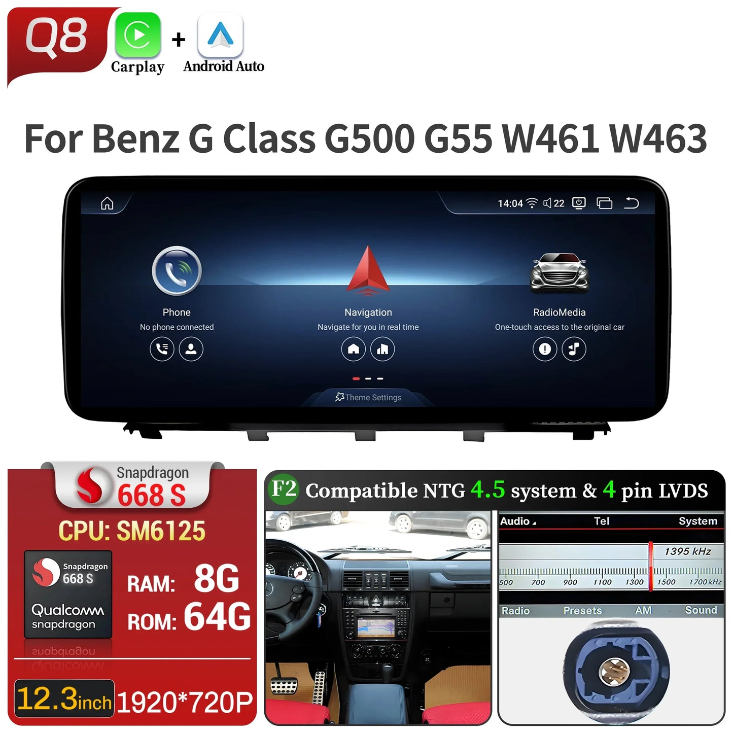 Car Radio For Mercedes Benz G Class G500 G55 W461 W463 2008-2015 Android 14 Wireless BT Carplay Snapdragon 680 Head Unit Screen