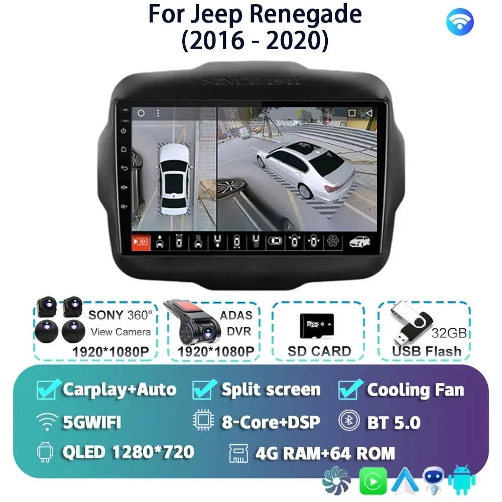 Android 14 For Jeep Renegade 2016 - 2020 2K QLED Android Car Radio Multimedia Video Player GPS AI Voice CarPlay 4G Stereo