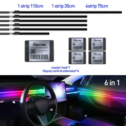 18 In 1 Full Color Streamer Car Ambient Lights RGB 64 Color Universal LED Interior Hidden Acrylic Strip Symphony Atmosphere Lamp