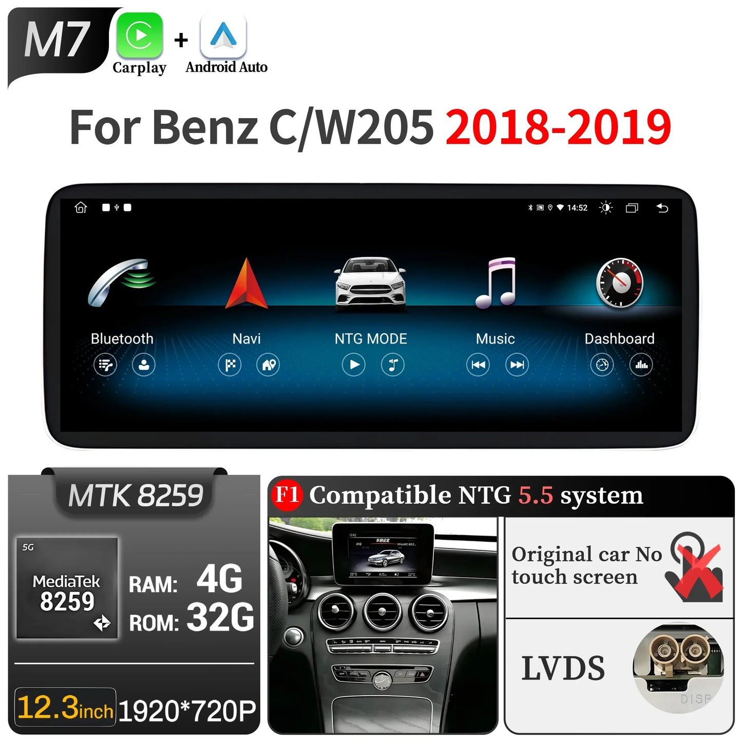 For Mercedes Benz C-Class W205 S205 2018-2020 12.3inch Car Radio Android 14 Wireless Carplay Snapdragon 680 SM6225 Touch Screen