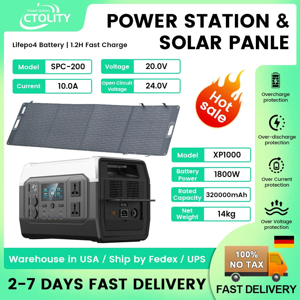 Ctolity 1800W Camping Portable Power Station 200W Solar Panel 1024Wh Lifepo4 Solar Generator Battery  Emergency Supply Backup
