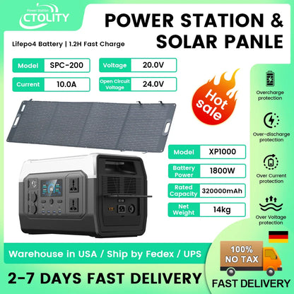 Ctolity 1800W Camping Portable Power Station 200W Solar Panel 1024Wh Lifepo4 Solar Generator Battery  Emergency Supply Backup
