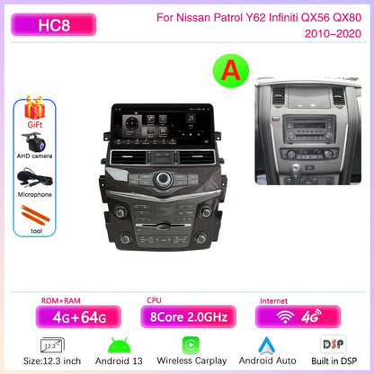 12.3 " Android13 Car Multimedia Video Player For Nissan Patrol Y62 Infiniti QX56 QX80 2010-2020 GPS Navigation CarPlay Auto 4G