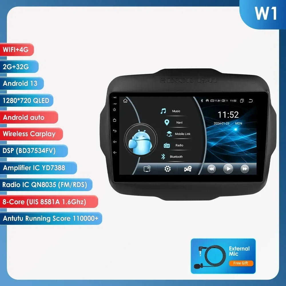 7862 Carplay 4G-LTE 9" Car Radio Android for Jeep Renegade 2016-2020 Multimedia Player Navigation GPS 2 Din Stereo DSP Autoradio