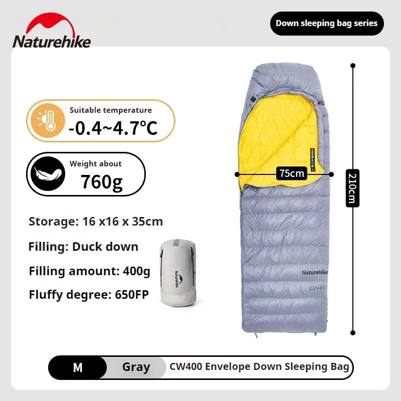Naturehike CW400 Duck Down Sleeping Bag Winter 650FP Ultralight Camping Hooded Envelope Hiking Thickened Waterproof Warm Bag