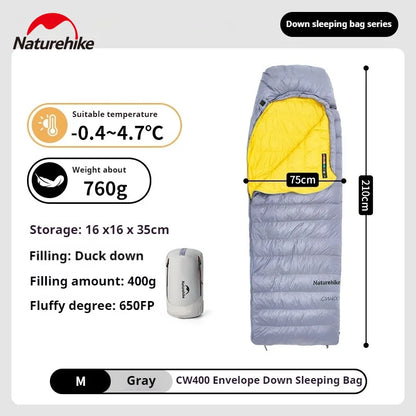 Naturehike CW400 Duck Down Sleeping Bag Winter 650FP Ultralight Camping Hooded Envelope Hiking Thickened Waterproof Warm Bag