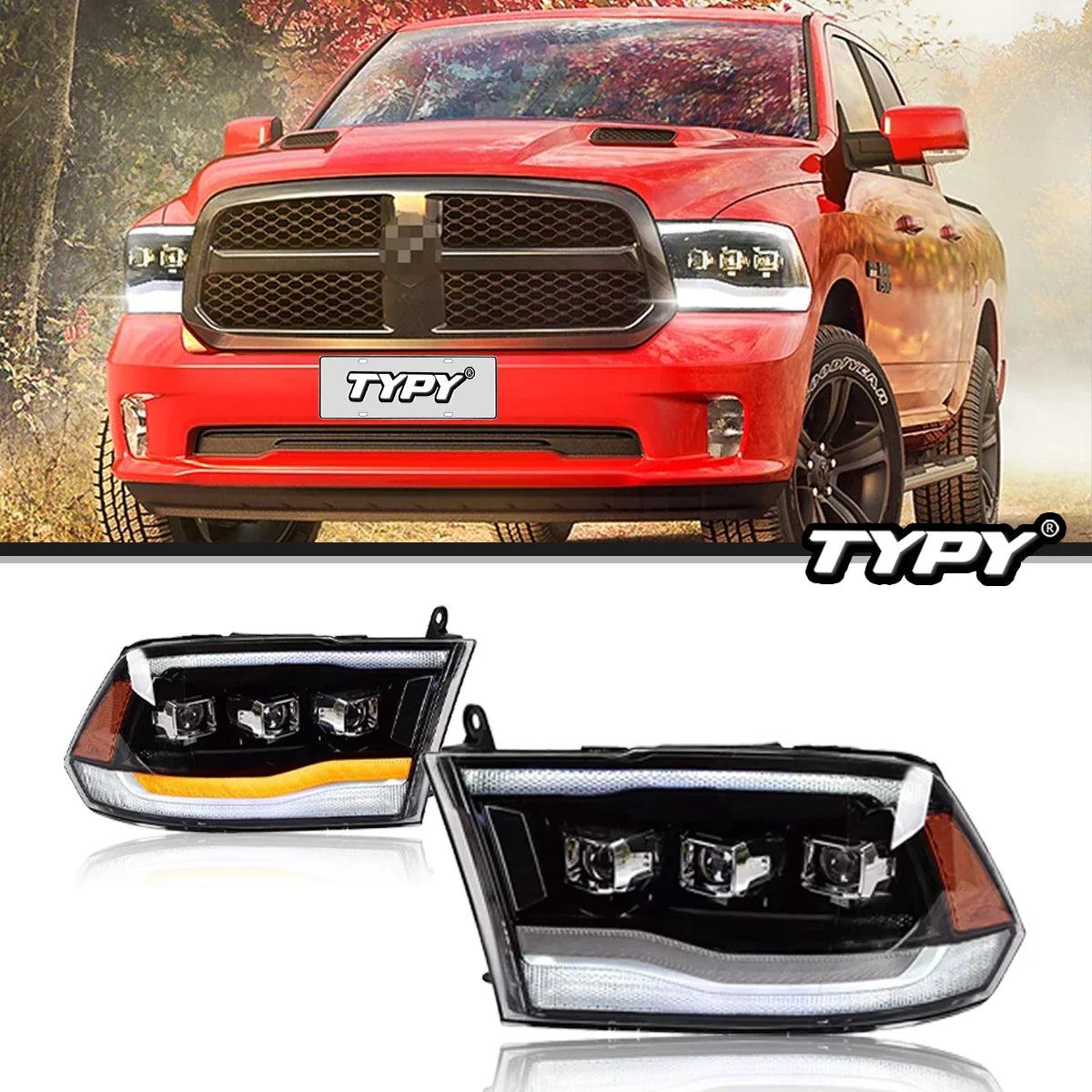 LED Headlight Assembly For Dodge Ram 1500 2009-2019 Car LED Lights Headlamps DRL Daytime Running Light Turn Signal, 1 Set