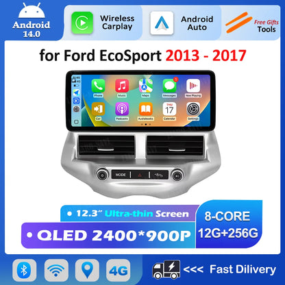 Carplay 12.3 inch Ultra-thin Screen for Ford EcoSport 2013 - 2017 Android 14 GPS Navigation Car Video Multimedia Player BT WiFi