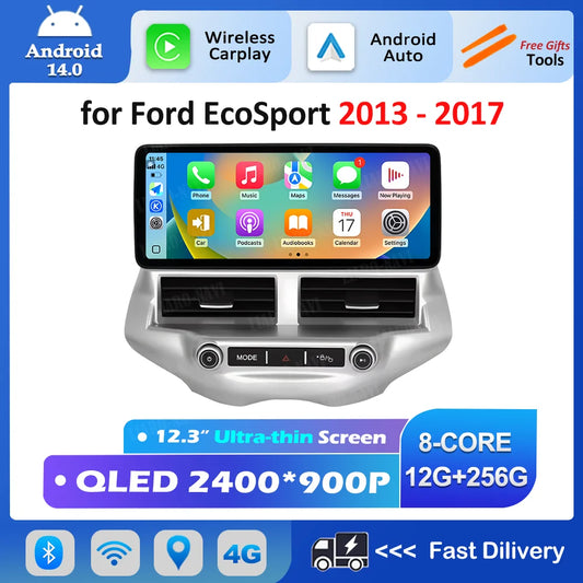 Carplay 12.3 inch Ultra-thin Screen for Ford EcoSport 2013 - 2017 Android 14 GPS Navigation Car Video Multimedia Player BT WiFi