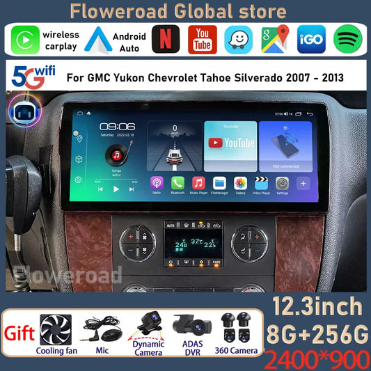 12.3 Inch Android 14 For GMC Yukon Chevrolet Tahoe Silverado 2007 - 2013 Car Radio Multimedia Player GPS Head Unit Auto StereoBT