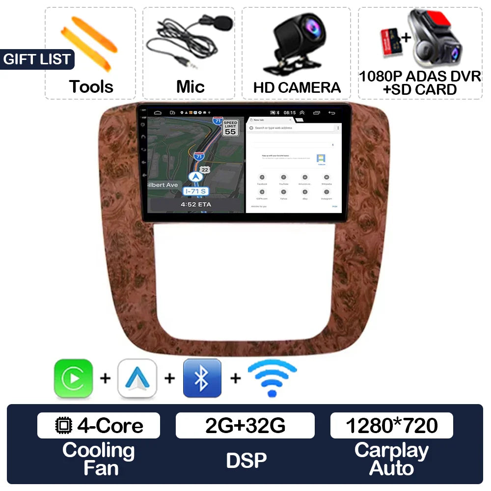 Android 15 Carplay Auto Car Radio For GMC Yukon Chevrolet Tahoe Suburban 2008 - 2012 Multimedia Stereo Video Player NAVI GPS 4G