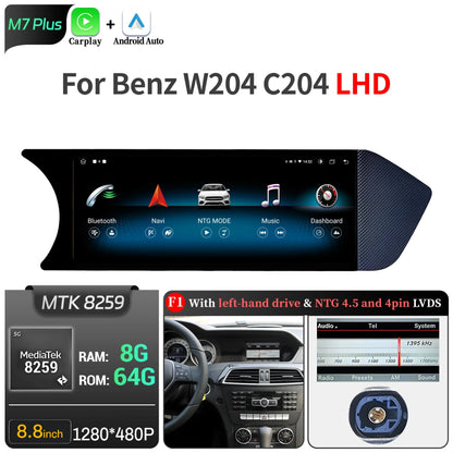 8.8 inch Android 14 For Mercedes Benz C Class W204 S204 2011-2015 Car Radio BT Carplay Qualcomm Snapdragon 680 Head Unit Screen