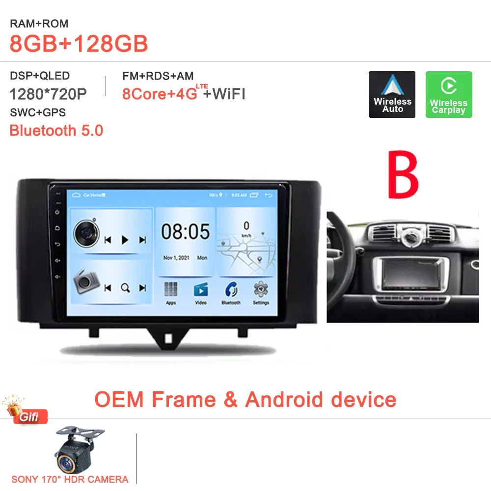 Android 14 Car For Mercedes Benz Smart Fortwo 451 2005 - 2015 Stereo Head Unit GPS Navigation Multimedia Autoradio Dash Cam DVD