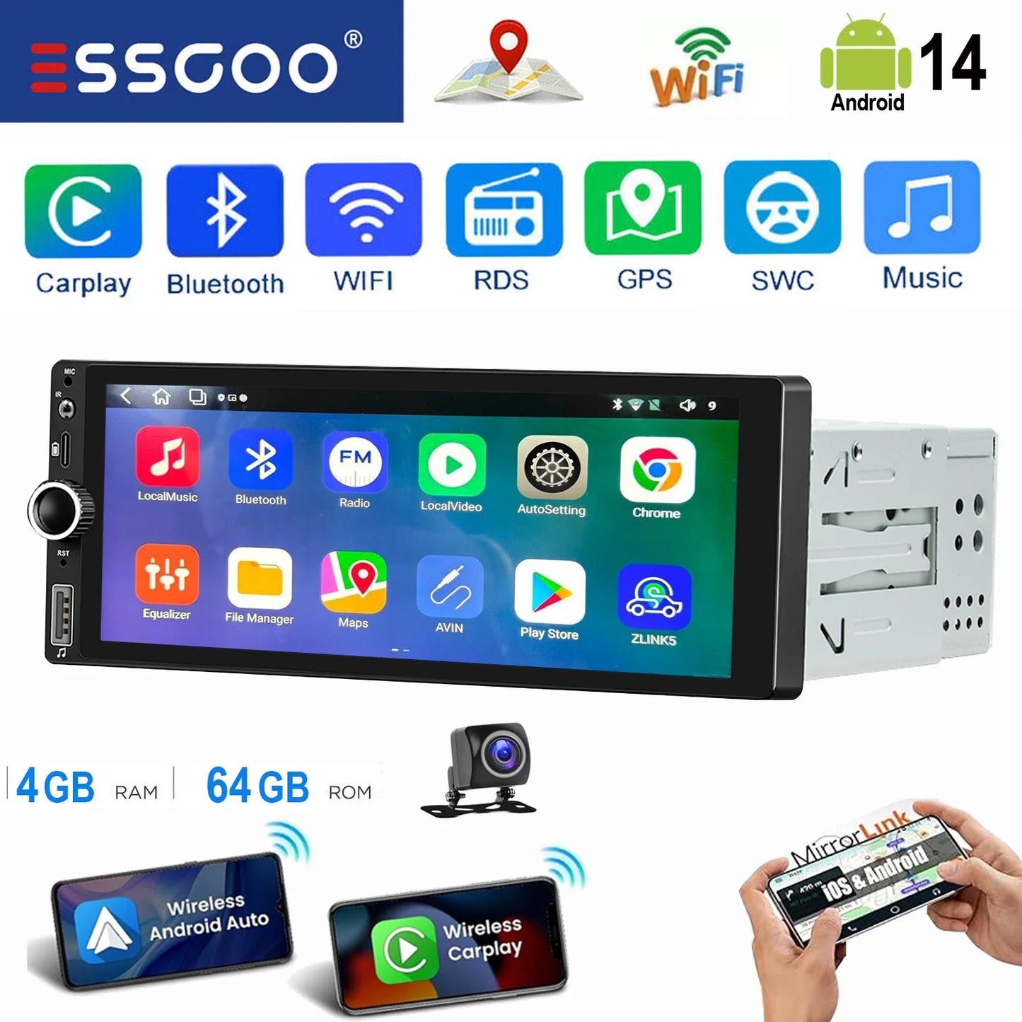ESSGOO 6.86" Android 14 4+64G Universal Single DIN Car Stereo Radio CarPlay Android Auto BT USB SWC Wifi FM GPS Navi Mirror link