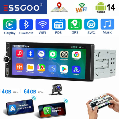 ESSGOO 6.86" Android 14 4+64G Universal Single DIN Car Stereo Radio CarPlay Android Auto BT USB SWC Wifi FM GPS Navi Mirror link