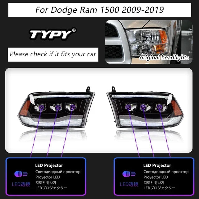 TYPY Car For Dodge RAM 1500 Headlight 2009-2019 Upgrade Modified to New DRL Dynamic Turn Signal LED Headlight Auto Accessories