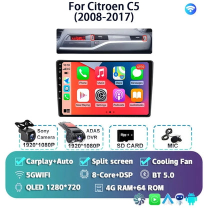 Android 14 Carplay Auto Car Radio Multimedia Player For Citroen C5 2008 2009 2010-2017 Autoradio Stereo DSP GPS 2din Head Unit